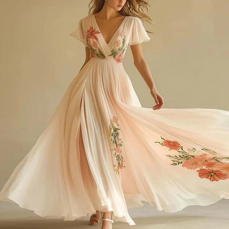 Woman Sexy V Neck Short Sleeve Long Robe New Summer Elegant Printed Pattern Folds Party Dresses Retro High Waist Boho Dress