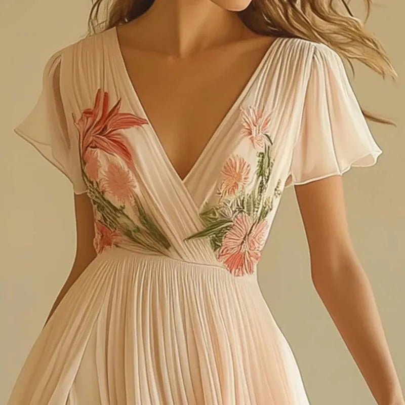 Woman Sexy V Neck Short Sleeve Long Robe New Summer Elegant Printed Pattern Folds Party Dresses Retro High Waist Boho Dress