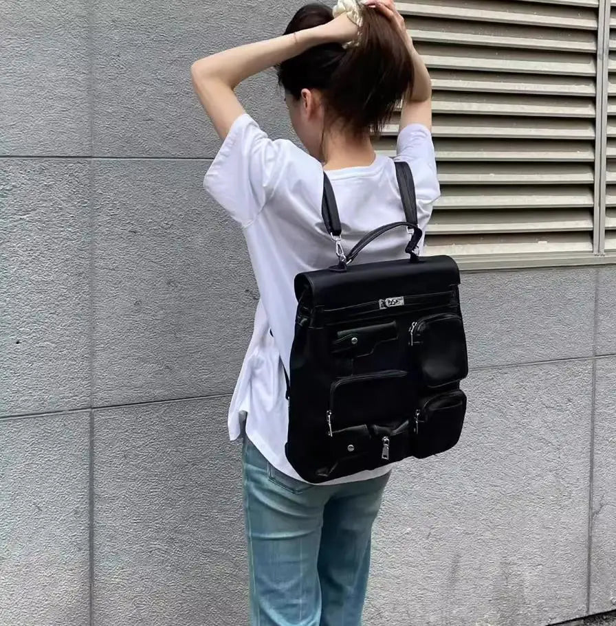 Dark Punk Motorcycle Bag Ins Multiple Pockets Unisex Canvas PU Backpack Large Capacity Single Shoulder Bag Student Schoolbag