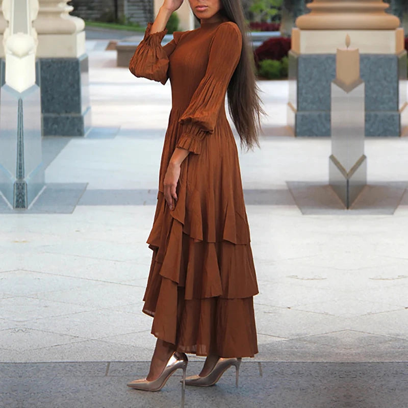 Miyake Folds Summer New Lantern Sleeve Dress Solid Color Lotus Edge Long Skirt