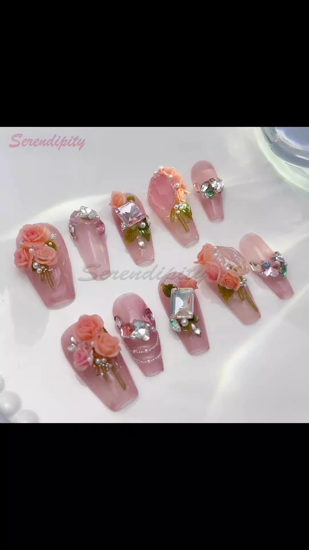 10Pcs Solid Color Press On Nails Pure Handmade Pink Stereoscopic Bouquet Fals Nail Art Big Rhinestones Removable Wear Fake Nails