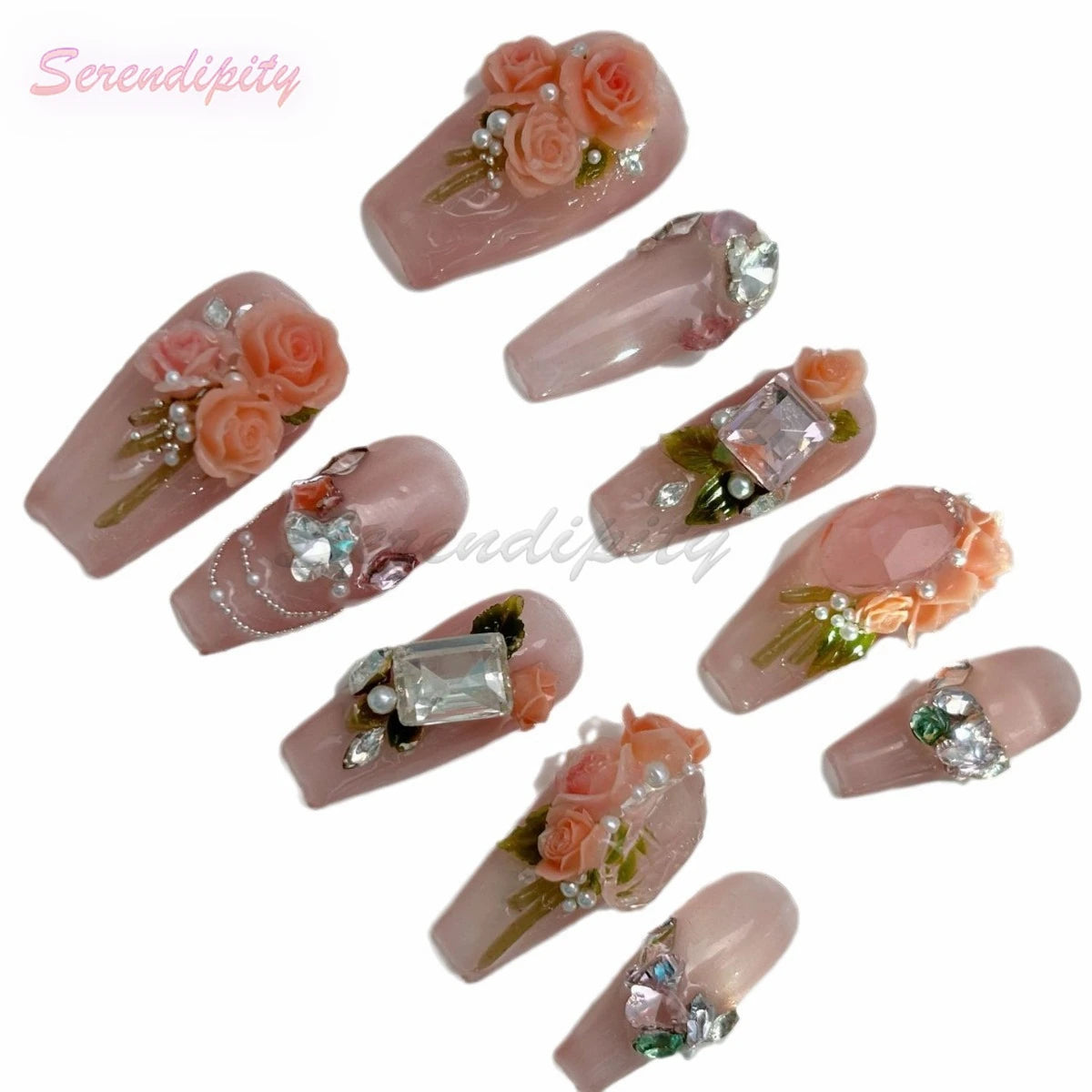 10Pcs Solid Color Press On Nails Pure Handmade Pink Stereoscopic Bouquet Fals Nail Art Big Rhinestones Removable Wear Fake Nails