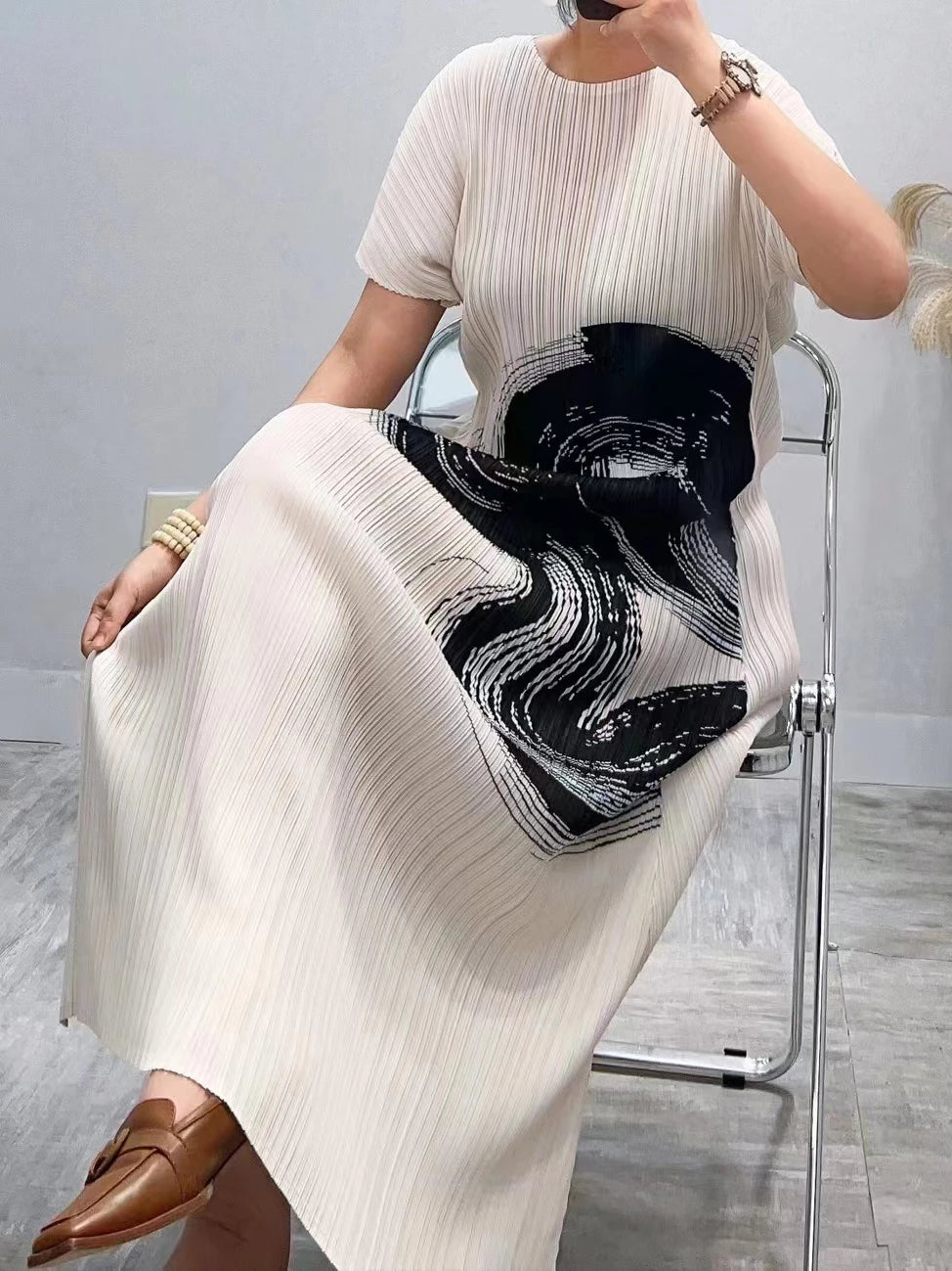 TIANPEI Pleated Ink Painting Printed Dress Fall Summer New Large Size Long Elegant Slit Dress Designer Clothing