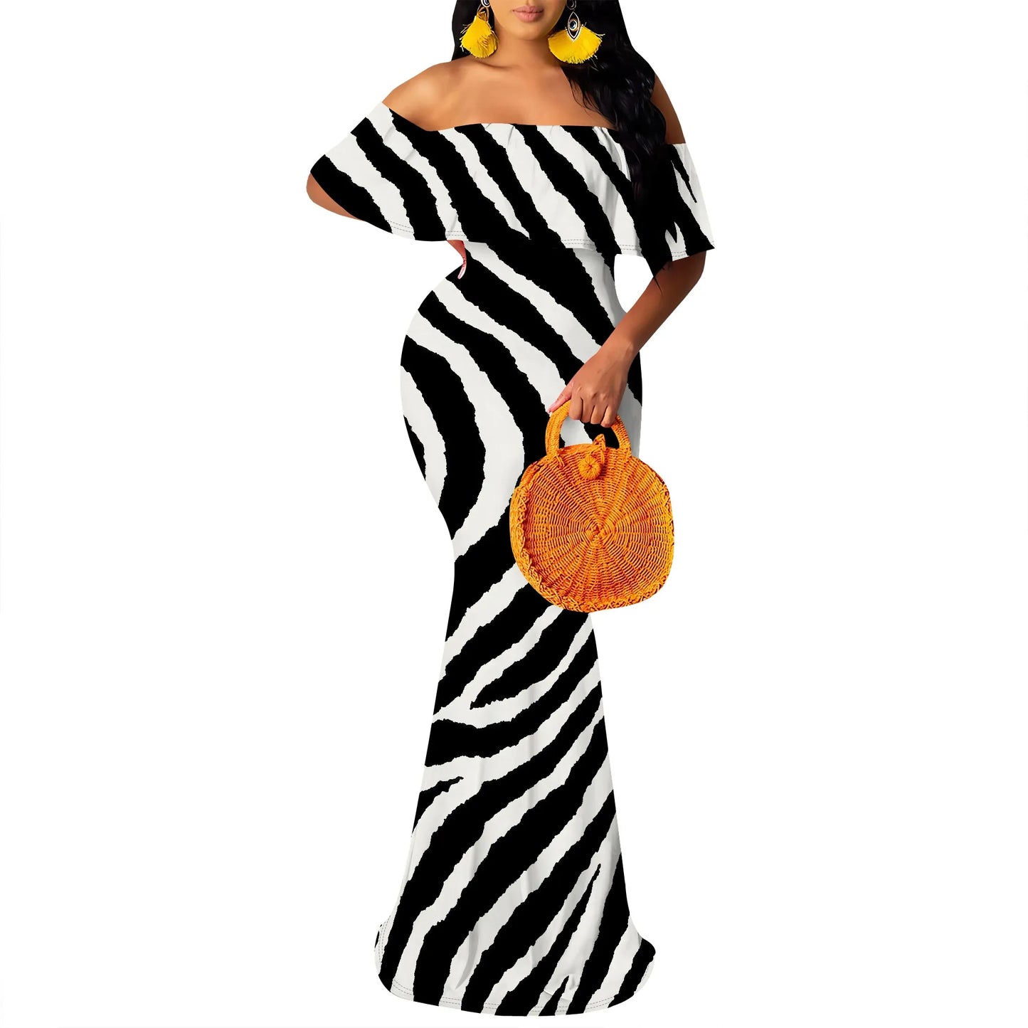 Women's Maxi Bodycon Off The Shoulder Dress Short Ruffle Sleeves Strapless Long Boho Dress Cocktail Party Wedding Dress