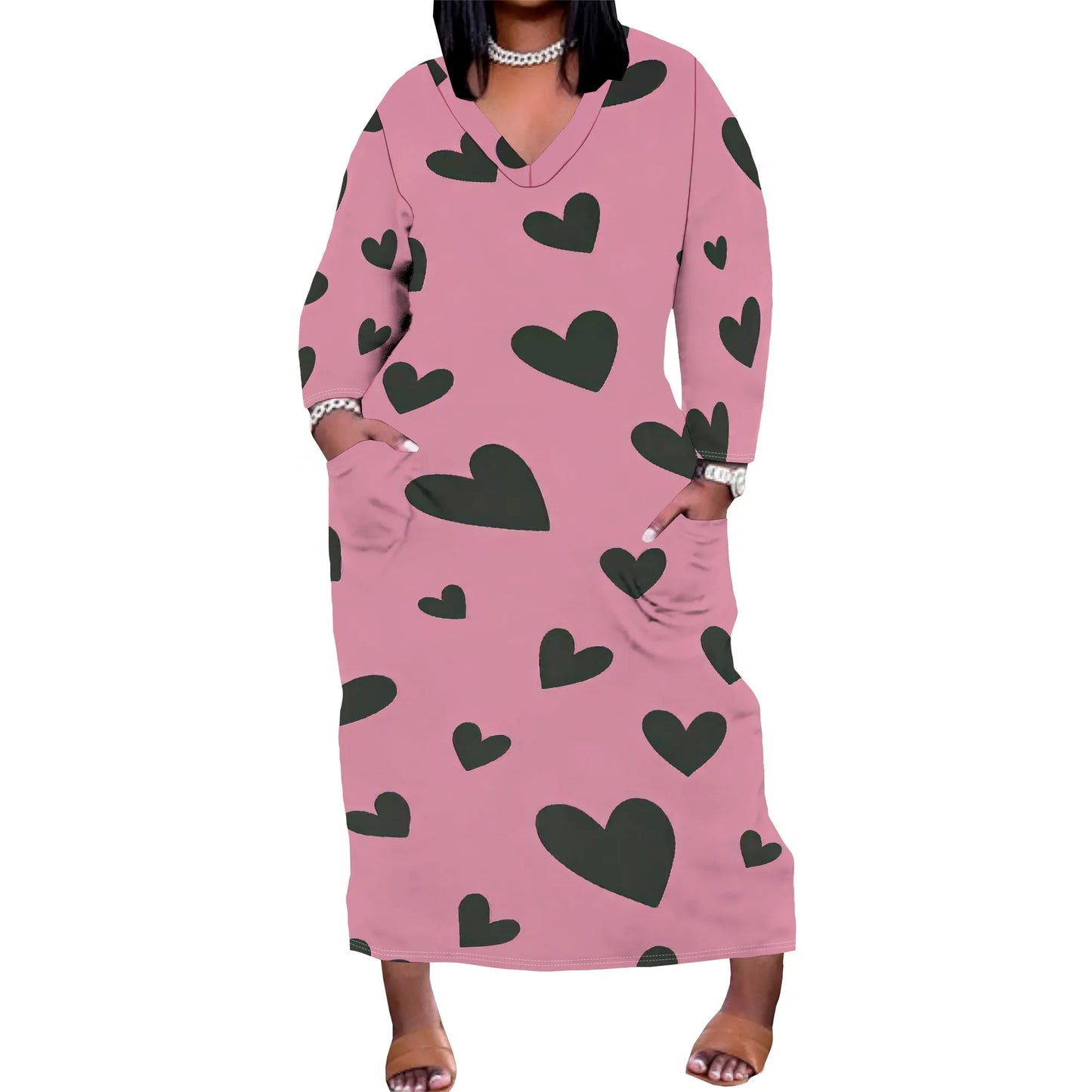 Women's Long Sleeve Plus Size Polka Dot Print Maxi Dress V Neck with Pockets Dress Loose Casual Autumn Outfit