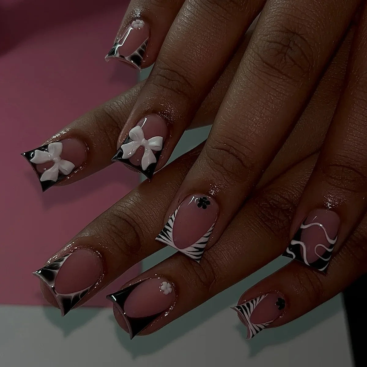 24Pcs Ballet Square Pink Press on Bow Nails 3D Flower with Bandage Design French Nail Tips for Women&Girls Daily,Spring wear