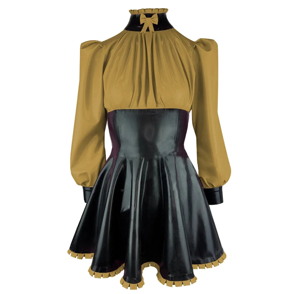 Plus Size High Neck Bow Patchwork Black Faux Latex Mini Dress Women Long Sleeves Slim Fit Ruffled A-line Dress Cocktail Gown