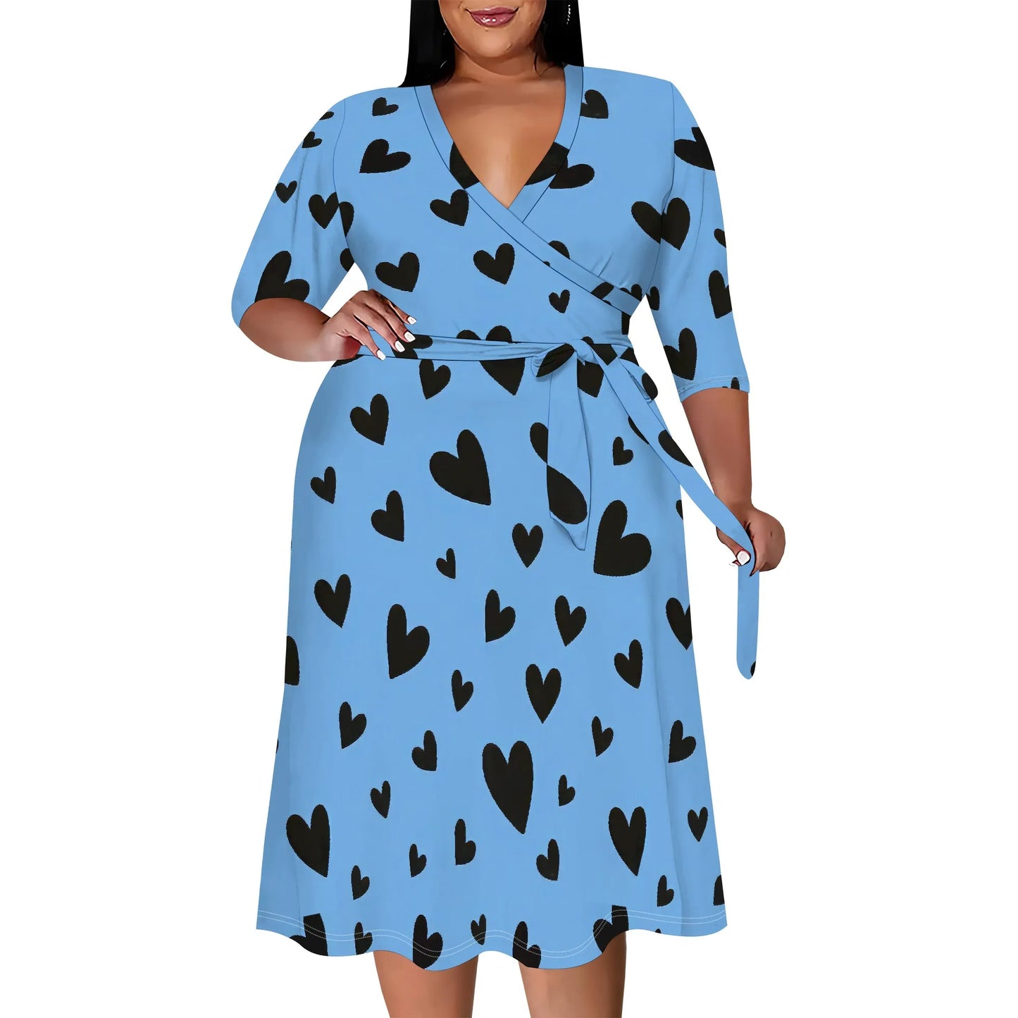 Women's Floral Print Maxi Dresses Summer with Pockets Casual 3/4 Sleeve V-Neck Wrap Tie Waist Long Dress
