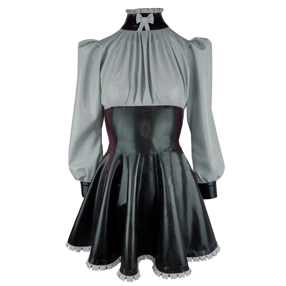 Plus Size High Neck Bow Patchwork Black Faux Latex Mini Dress Women Long Sleeves Slim Fit Ruffled A-line Dress Cocktail Gown