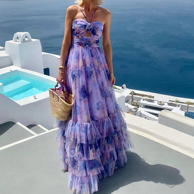 Women Fashion Hollow Off Shoulder Summer Dress Sexy Sleeveless Pleated Long Dress Elegant Halter Pattern Print Mesh Party Dress