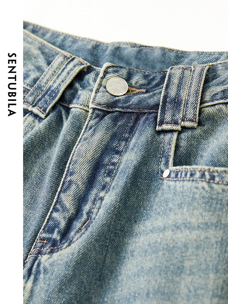 SENTUBILA Retro Washed Cotton Baggy Jeans Woman Summer Fashion Wide Leg Denim Pant Comfort Casual Women Trousers