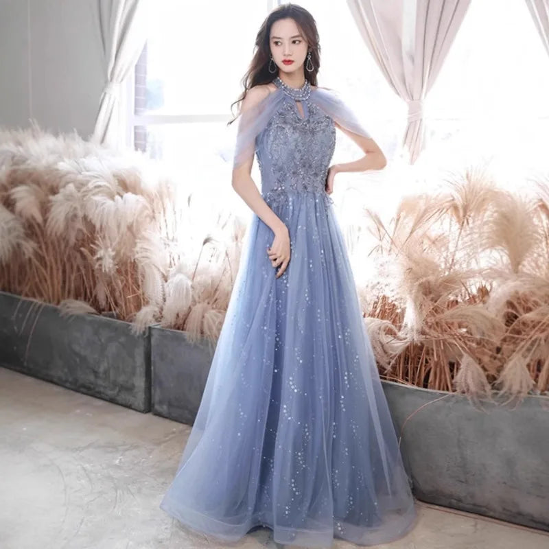 Evening Gown for Women New Style Elegant Temperament Socialite Long Style Host French Banquet Blue Long Style Dress