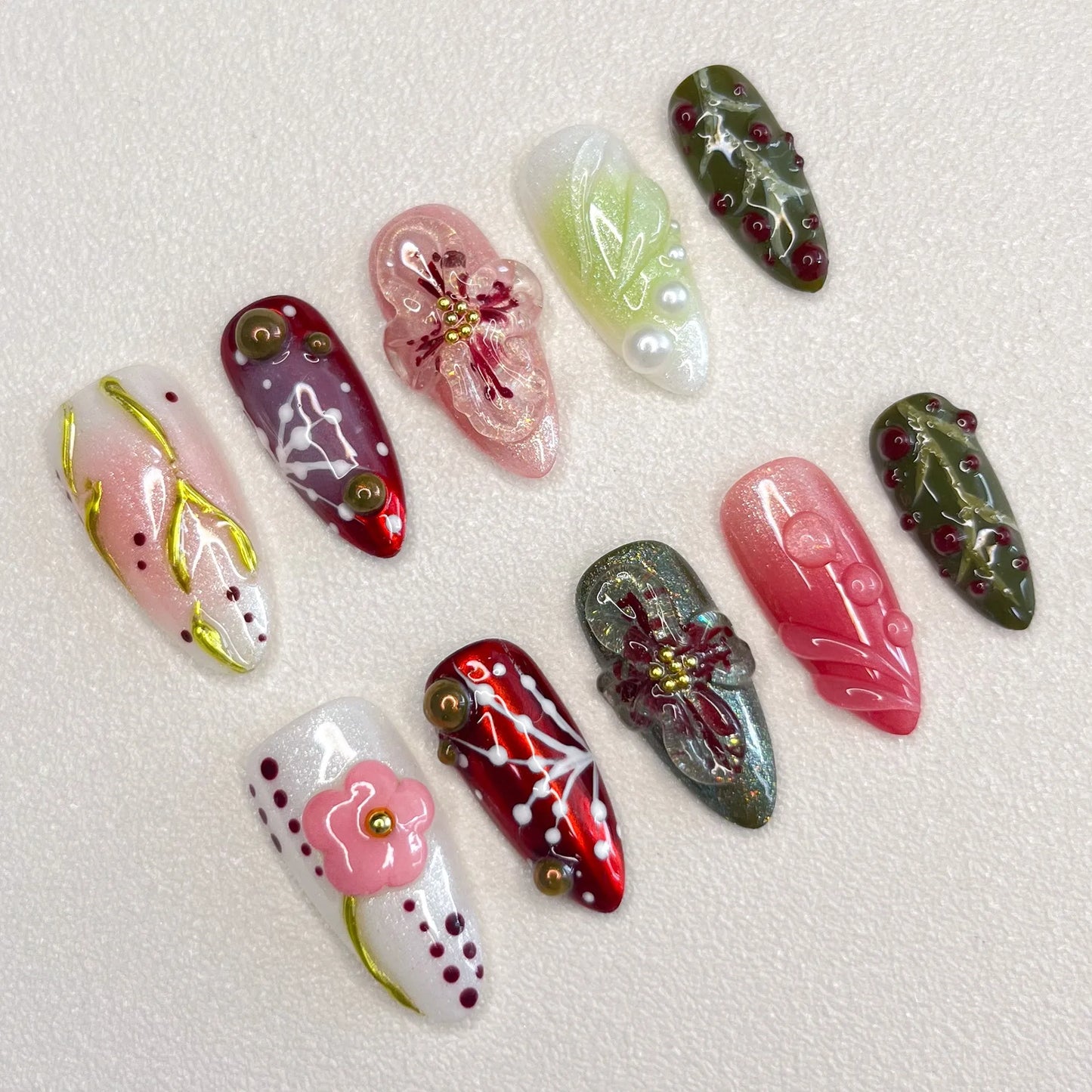 Handmade Manicure Medium Oval Fake Nails Limited Nails Mandarin Duck Floral Press on Nails Design with Adhesive Nail File Set