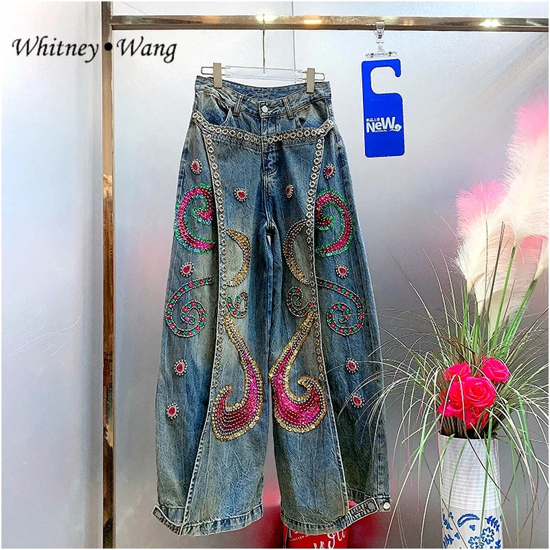WHITNEY WANG Designer Style Autumn Winter Fashion Streetwear Sequins Diamonds Wide Leg Jeans Women Denim Pant Size S-5XL