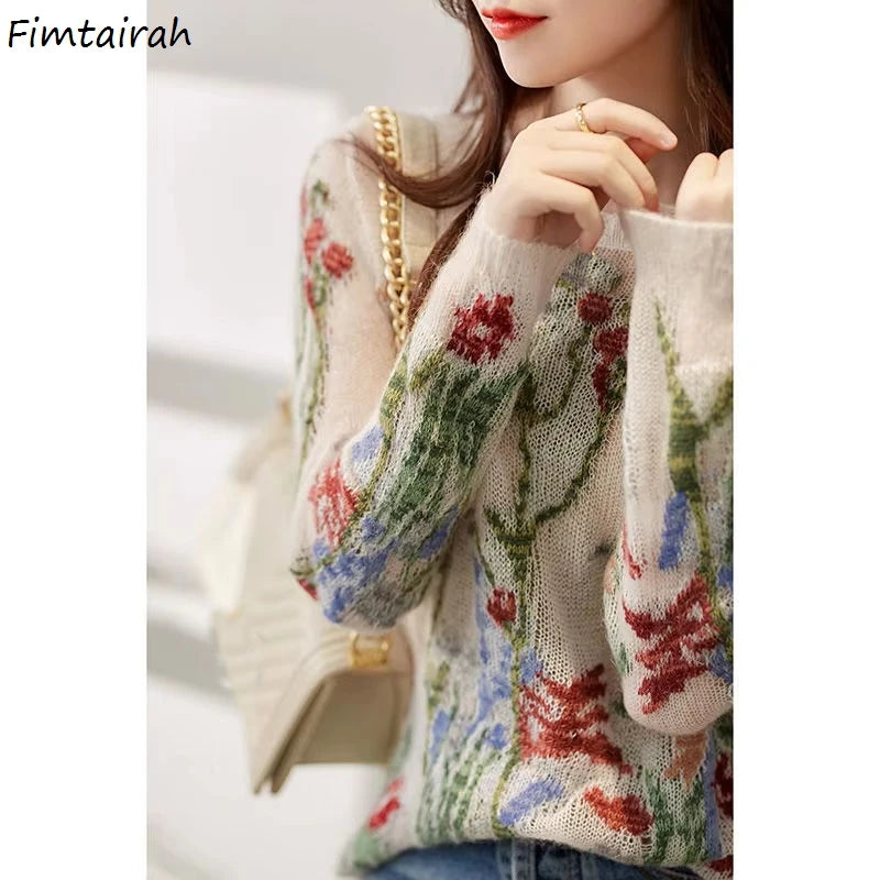 Knitted Sweater round neck cashmere hollow-out thin bottom sweater Women's new style fashionable sweater