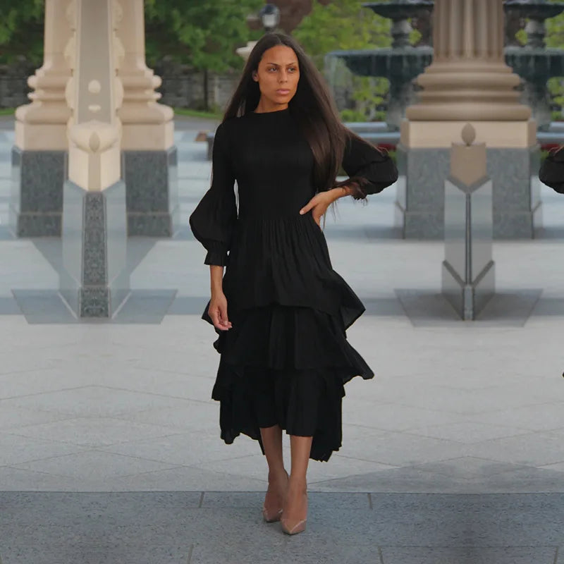 Miyake Folds Summer New Lantern Sleeve Dress Solid Color Lotus Edge Long Skirt