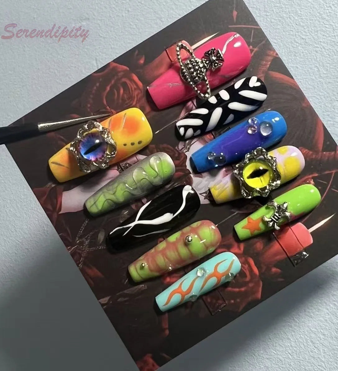 10Pcs Color Hand Drawn Gothic Style Handmade Press On Nails False Nail Full Cover Metallic 3D Design Manicure Wearable Nail