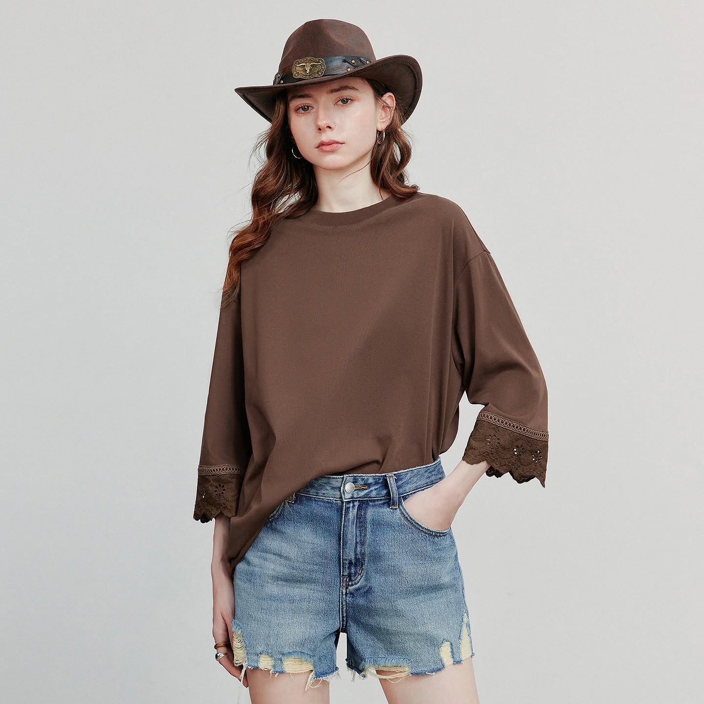TOYOUTH Women T-shirts Autumn New Round Neck Patchwork Lace Three Quarter Sleeve Loose Cotton Tops