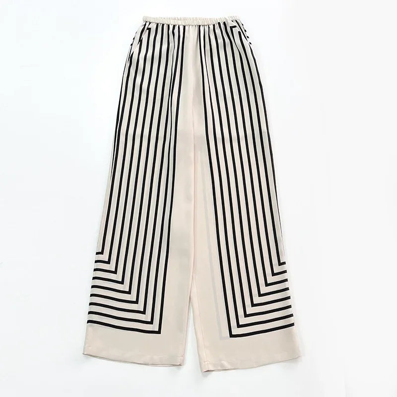 Women Geometric Striped Print Trousers 100% Silk Female Loose Elastic Waist Wide Leg Casual Long Pant Summer New