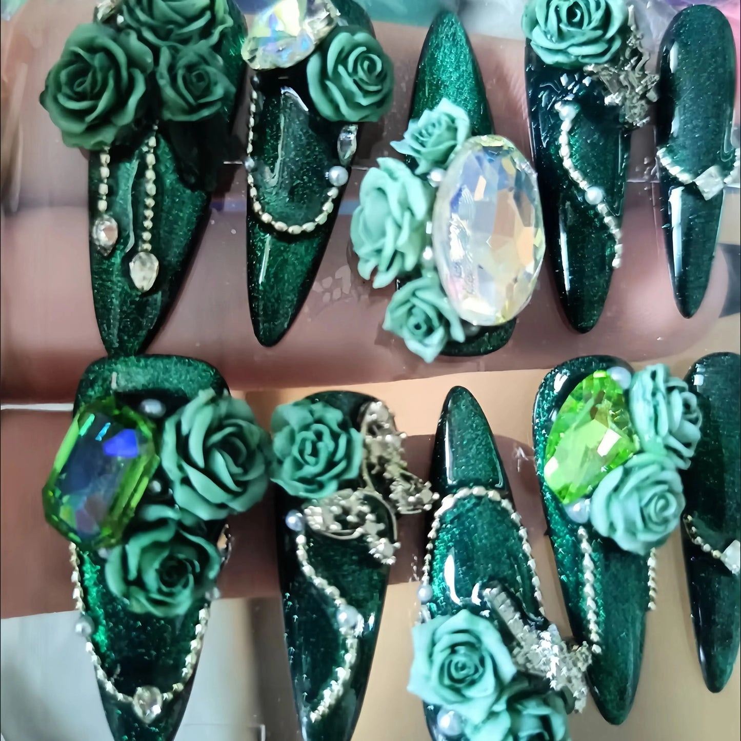 10Pcs Press On Nails Dark Style Charm Gradient Art Nail Full Diamond Long Almond Rhinestones Detachable Handmade Wear Fake Nails