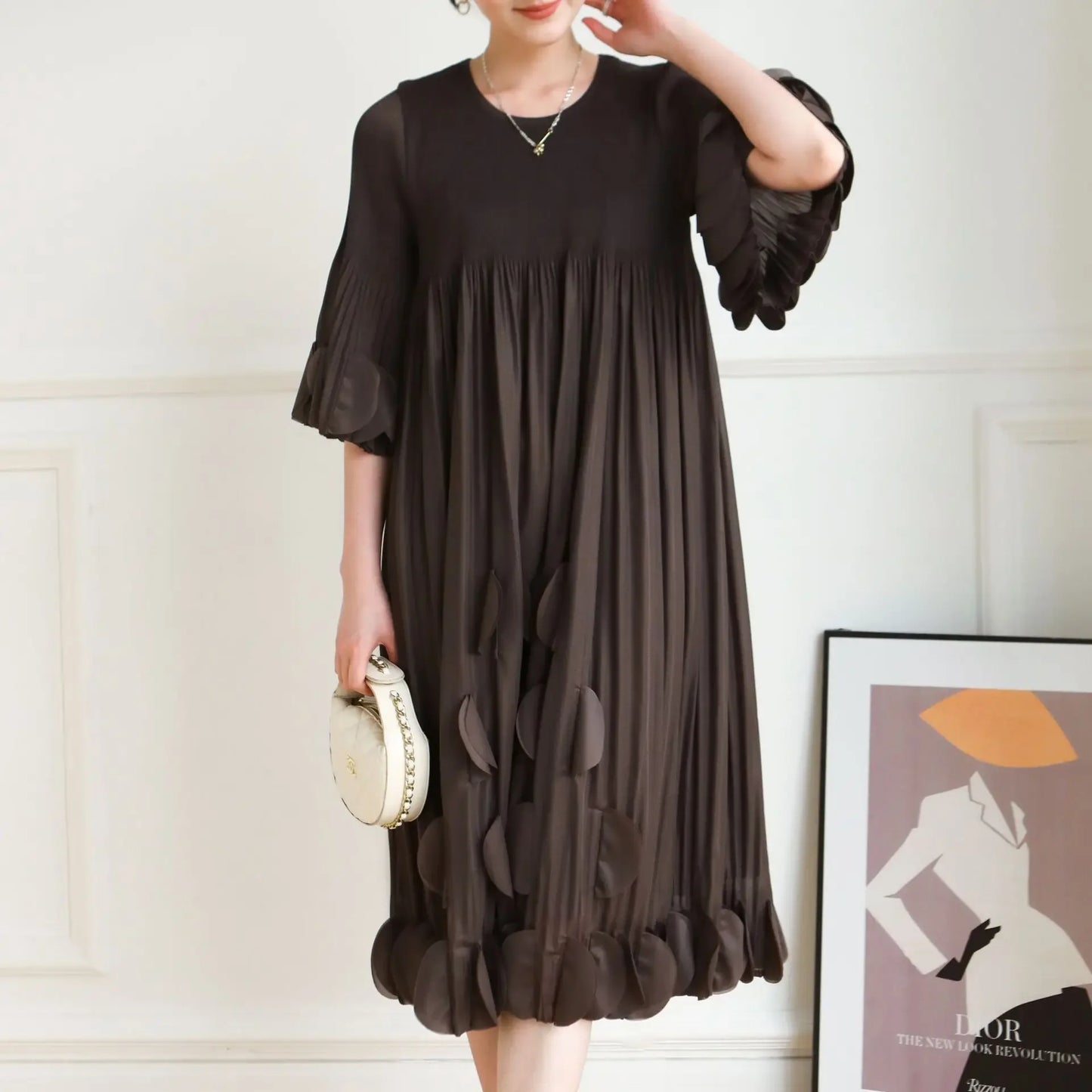 Miyake Pleated Spring/Summer New Heavy Industry Pluse-sized Women's Dress, Fashionable Patchwork Long Dress