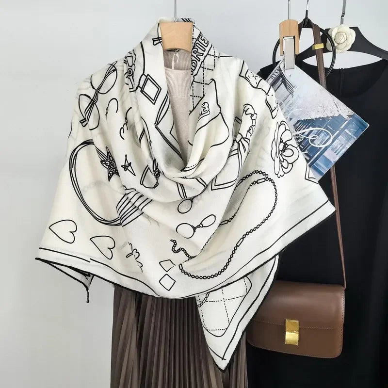 High-end Elegant Women Exquisite Ornate Accessories Double-sided Print Quality Silk Wool Hand-rolled Edge Big Square Scarf Shawl