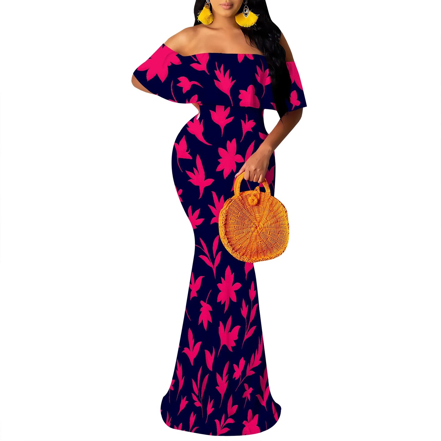 Women's Maxi Bodycon Off The Shoulder Dress Short Ruffle Sleeves Strapless Long Boho Dress Cocktail Party Wedding Dress