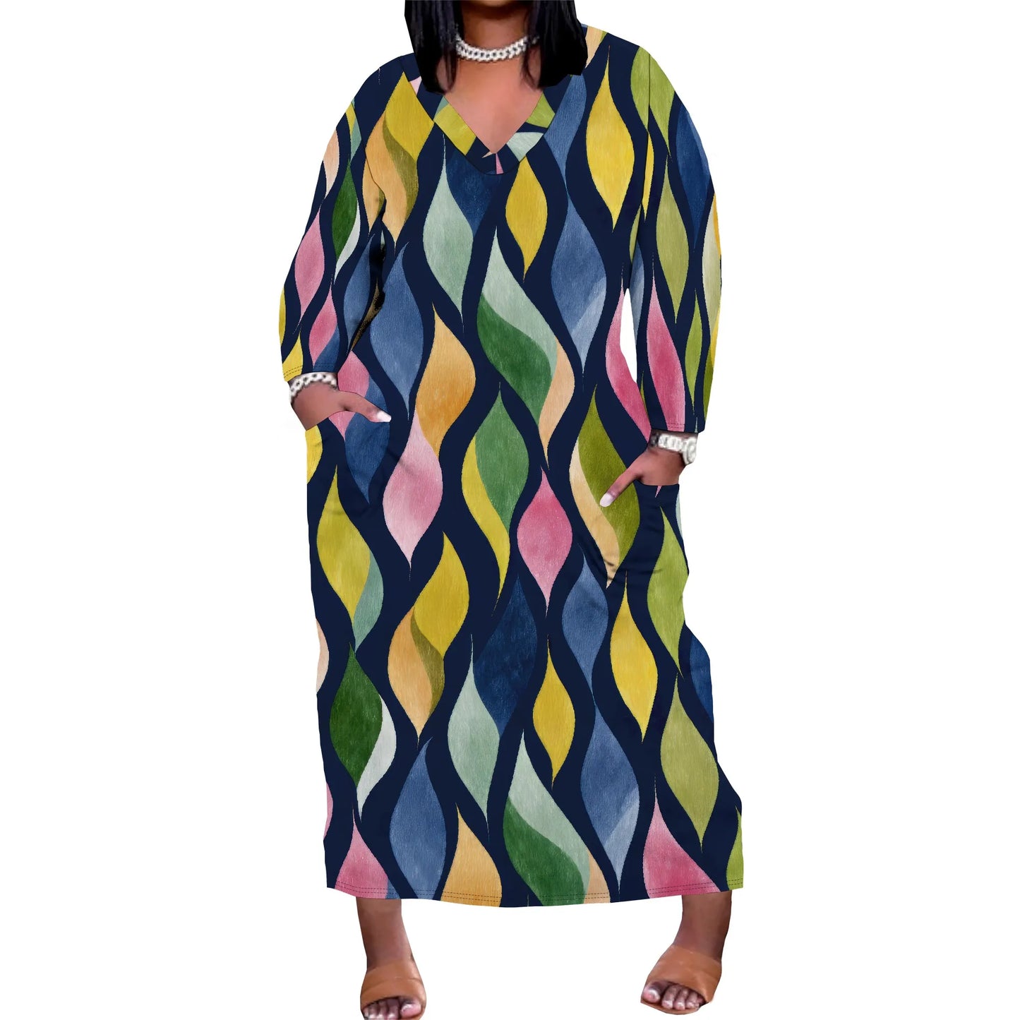 Oversized Baggy Summer Womens Print Dresses Sexy Casual T-Shirt V Neck Long Sleeve Maxi Dress with Pocket