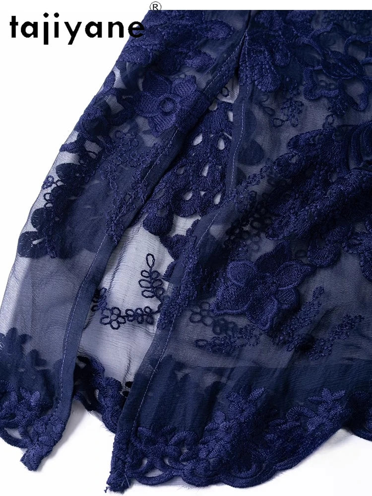 TAJIYANE 100% Mulberry Silk Dresses Woman Summer Dark Blue Embroidery Long Dress Vacation Vest Frocks Women Clothing платье