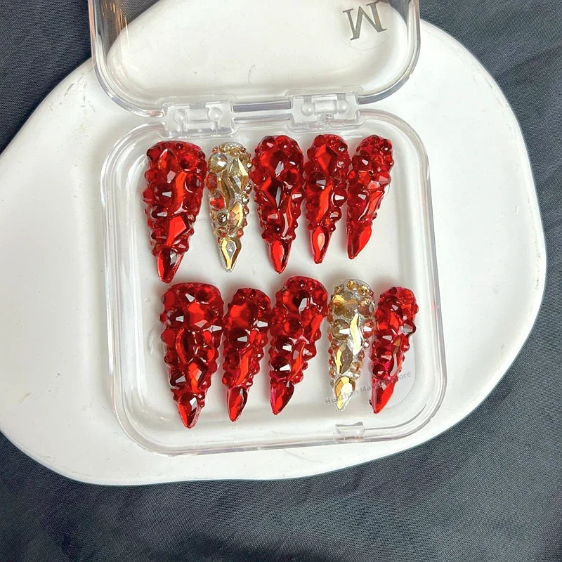 Handmade Luxury Glittery Rhinestone False Nail Tips Customized Bling Press On Nails Art Long Stiletto Coffin Fake Nail With Glue