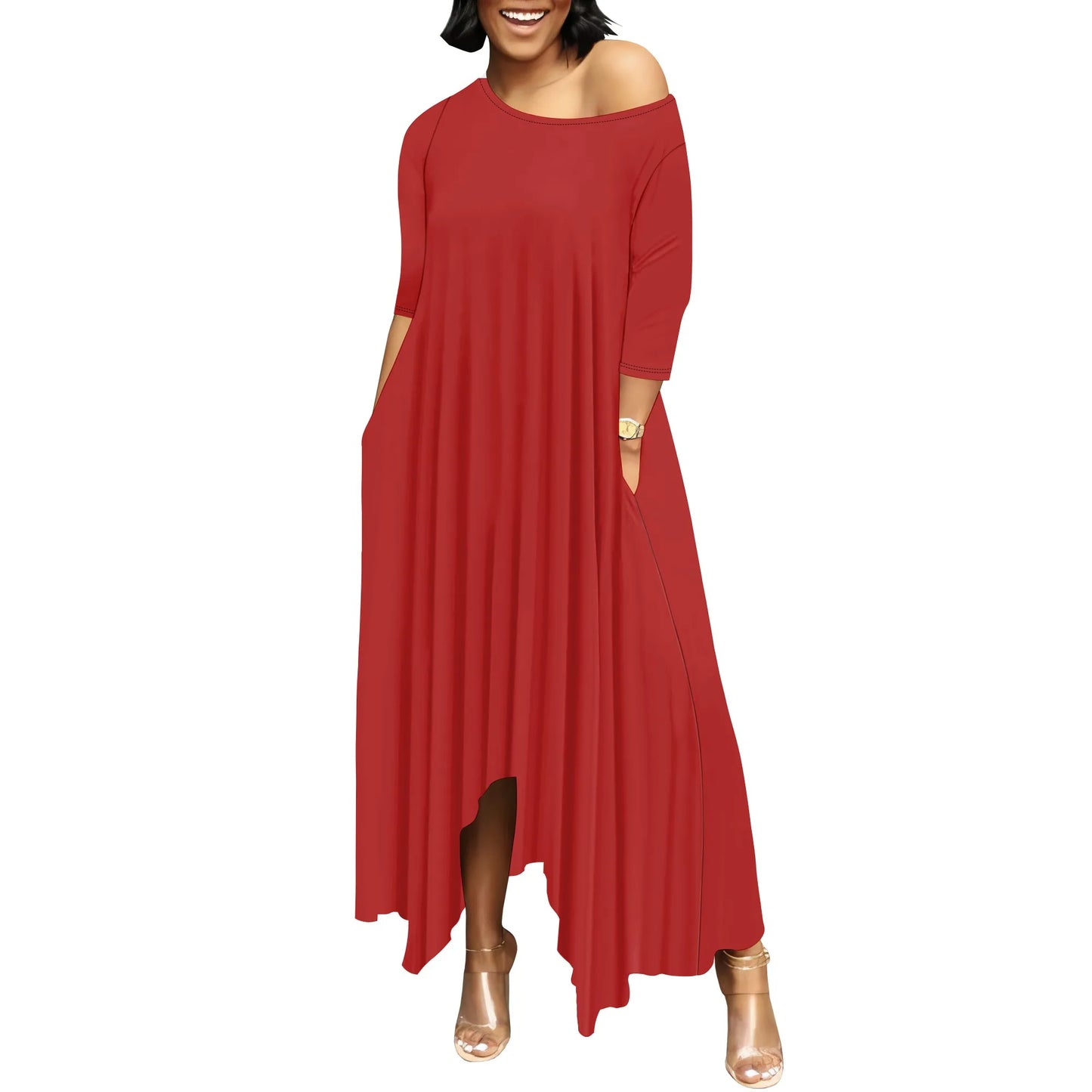 Women One Shoulder Sleeve Printed Dress High Waist Split Party Cocktail Long Dress