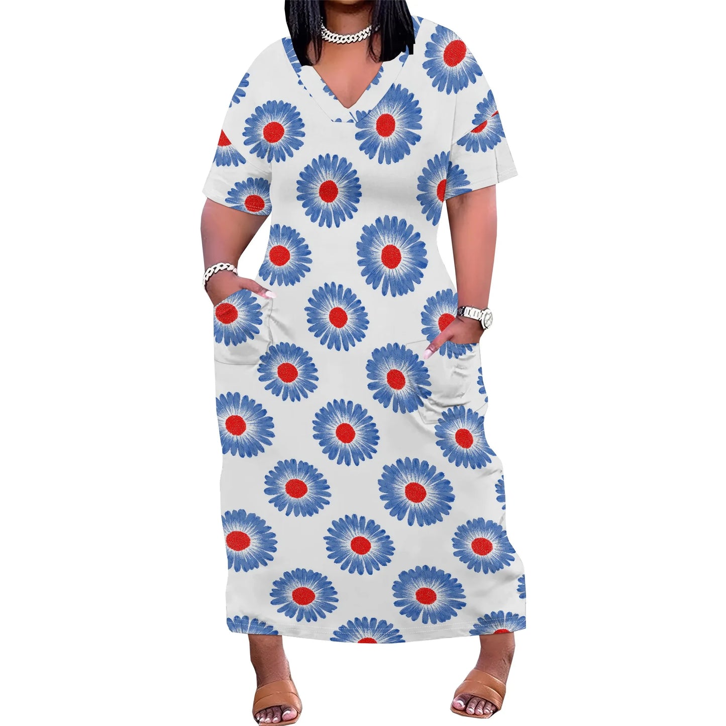 Women's Plus Size African Print Dresses Casual Loose Pocket Short Sleeve Long Maxi Dress