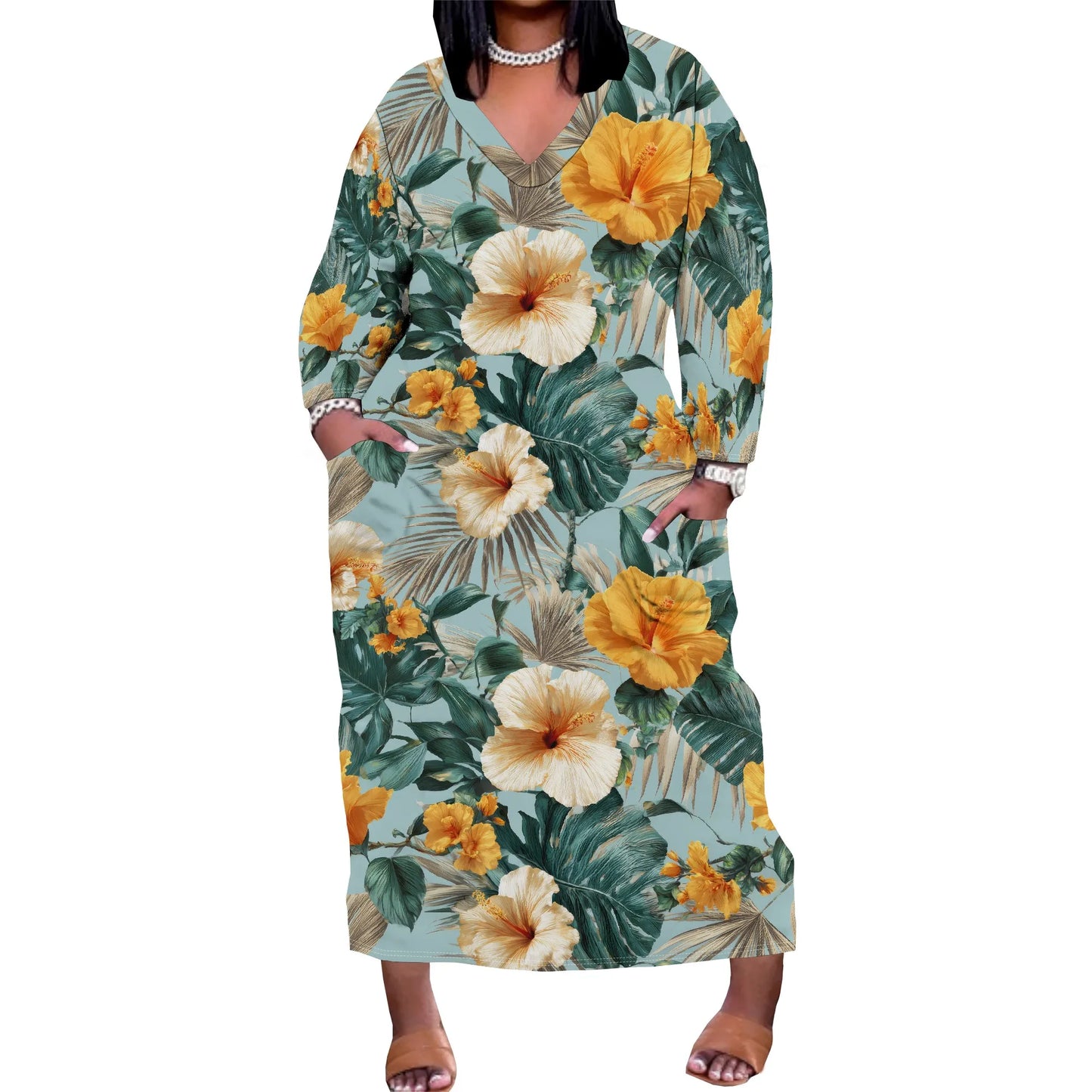 Oversized Baggy Summer Womens Print Dresses Sexy Casual T-Shirt V Neck Long Sleeve Maxi Dress with Pocket