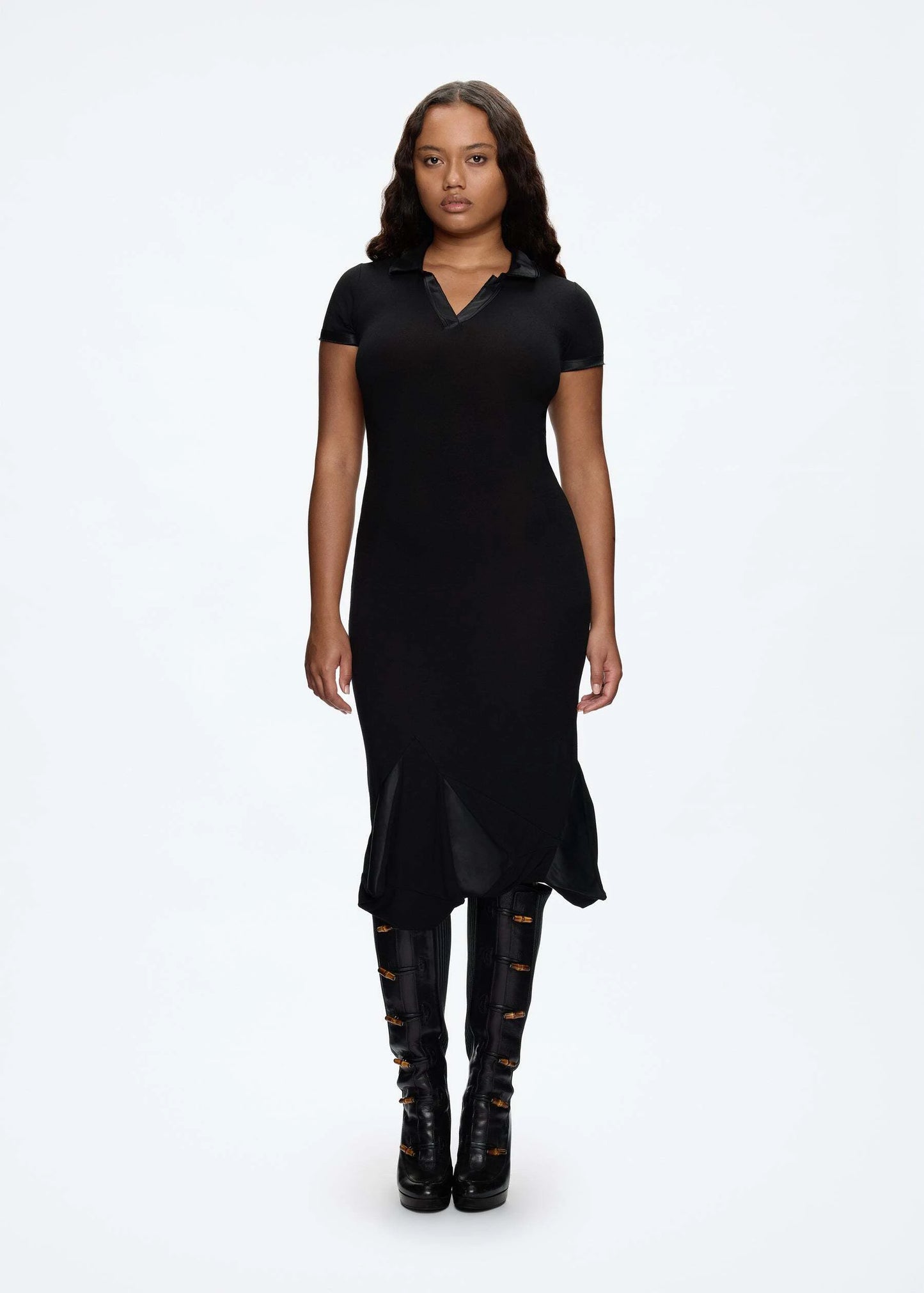Tank black polo collar dress Bella same style splicing design short sleeve irregular long skirts
