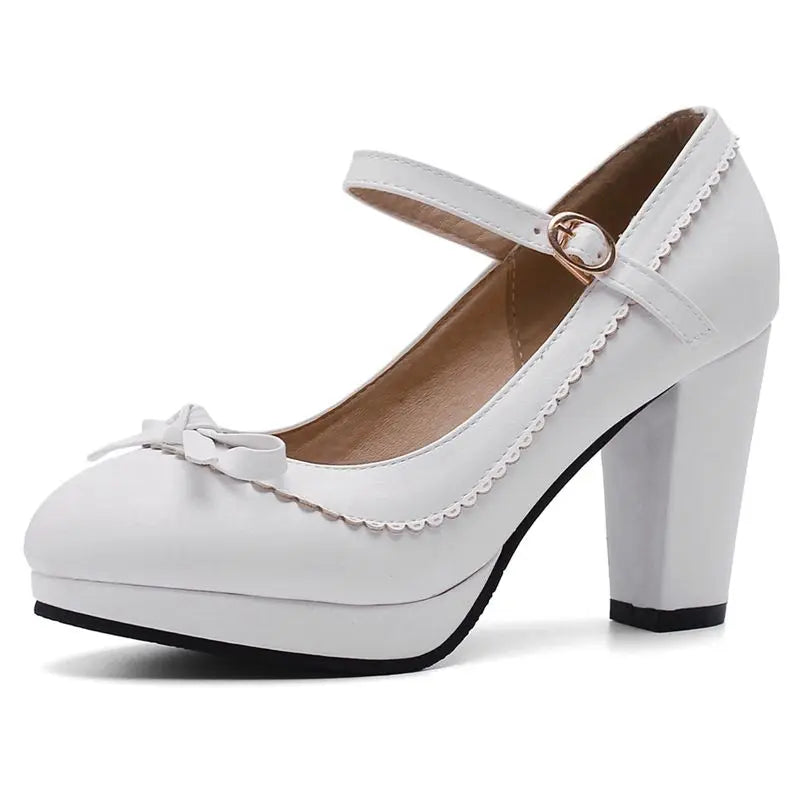 Manufacturer SIMLOVEYO Large size 45 46 Women Strap Pumps Bows Platform High Heels Round Toe Party Wedding Shoes Bridal Stilettos Black Pumps