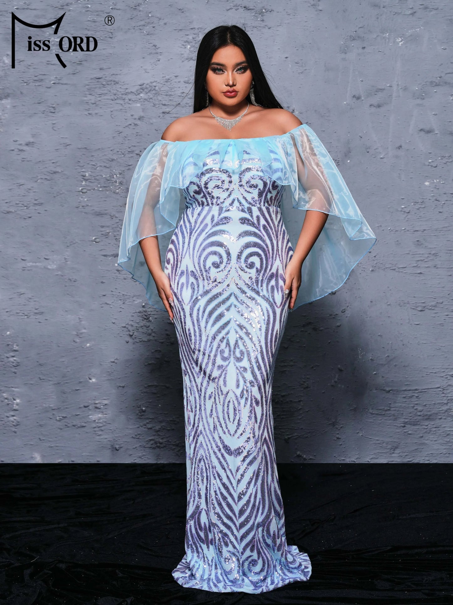 Missord New Plus Size Off Shoulder Batwing Sleeve Sequin Mermaid Evening Gown Wedding Birthday Party Prom Dress