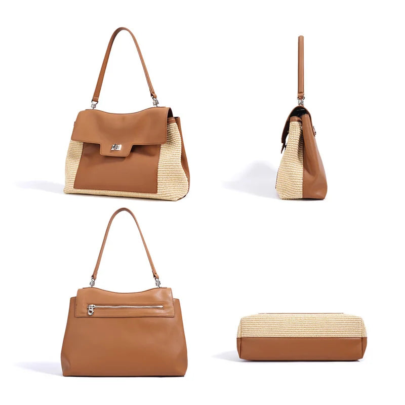Summer Women's Raffia Woven Tote Bag Split Leather Crossbody Straw Messenger Bag Grass Weaving Shoulder Bag for Ladies New