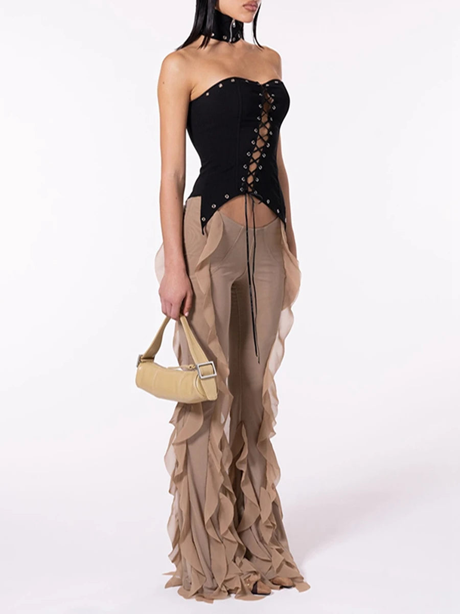 Women's Ruffled Flare Long Pants Solid Color Low Rise Stretch Bell-Bottom Trousers Streetwear pant
