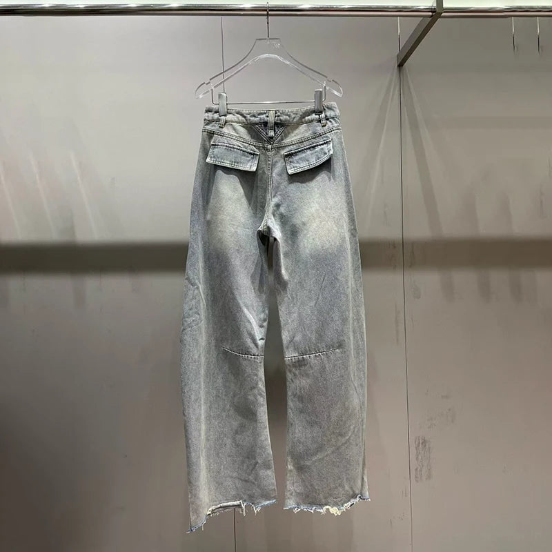 Women's Jeans, Double Waistband Washed Scimitar Work Pants, High Quality Cotton Wide Leg Pant New, y2k