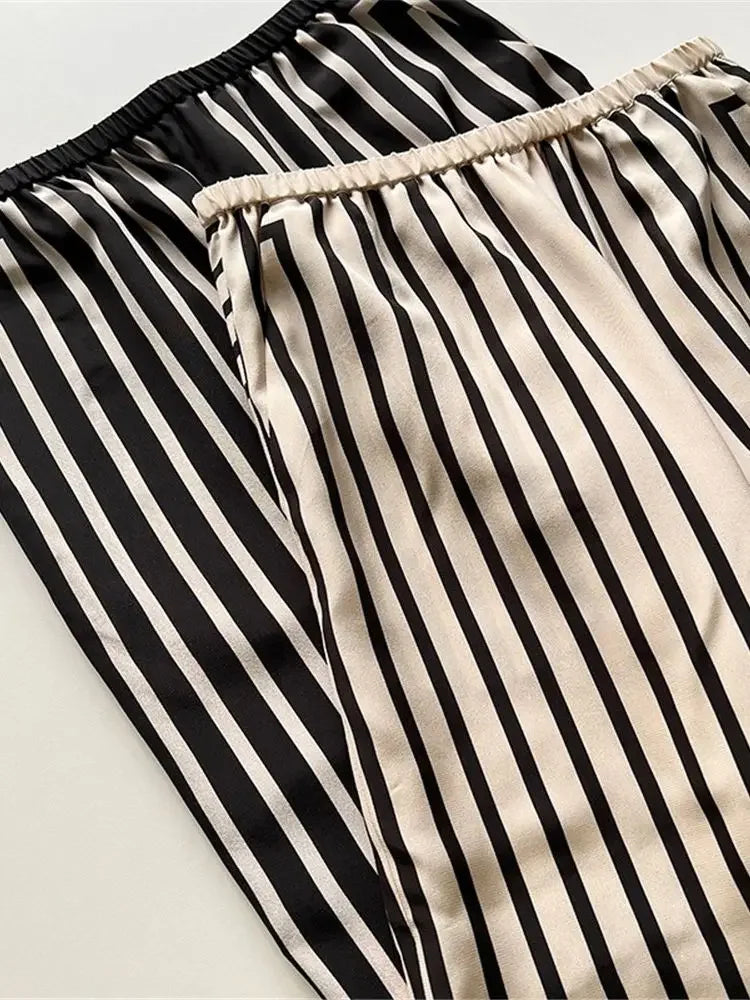 Women Geometric Striped Print Trousers 100% Silk Female Loose Elastic Waist Wide Leg Casual Long Pant Summer New