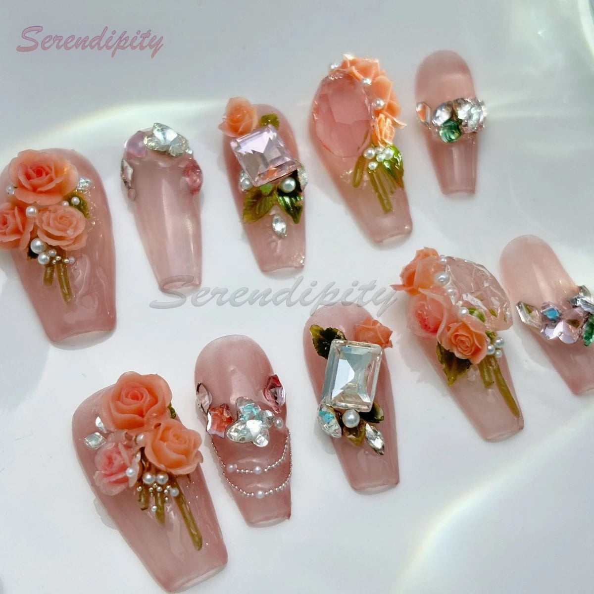 10Pcs Solid Color Press On Nails Pure Handmade Pink Stereoscopic Bouquet Fals Nail Art Big Rhinestones Removable Wear Fake Nails
