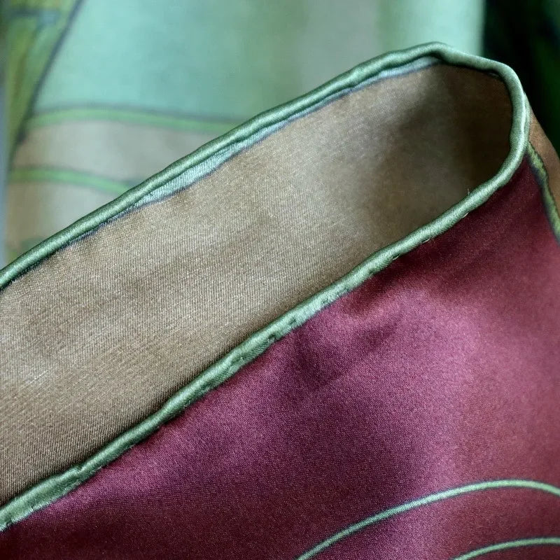 High-end Elegant Women Fine Olive Green Saddle Splicing Print Quality Plain Satin Silk Hand-rolled Edge Large Square Scarf Shawl