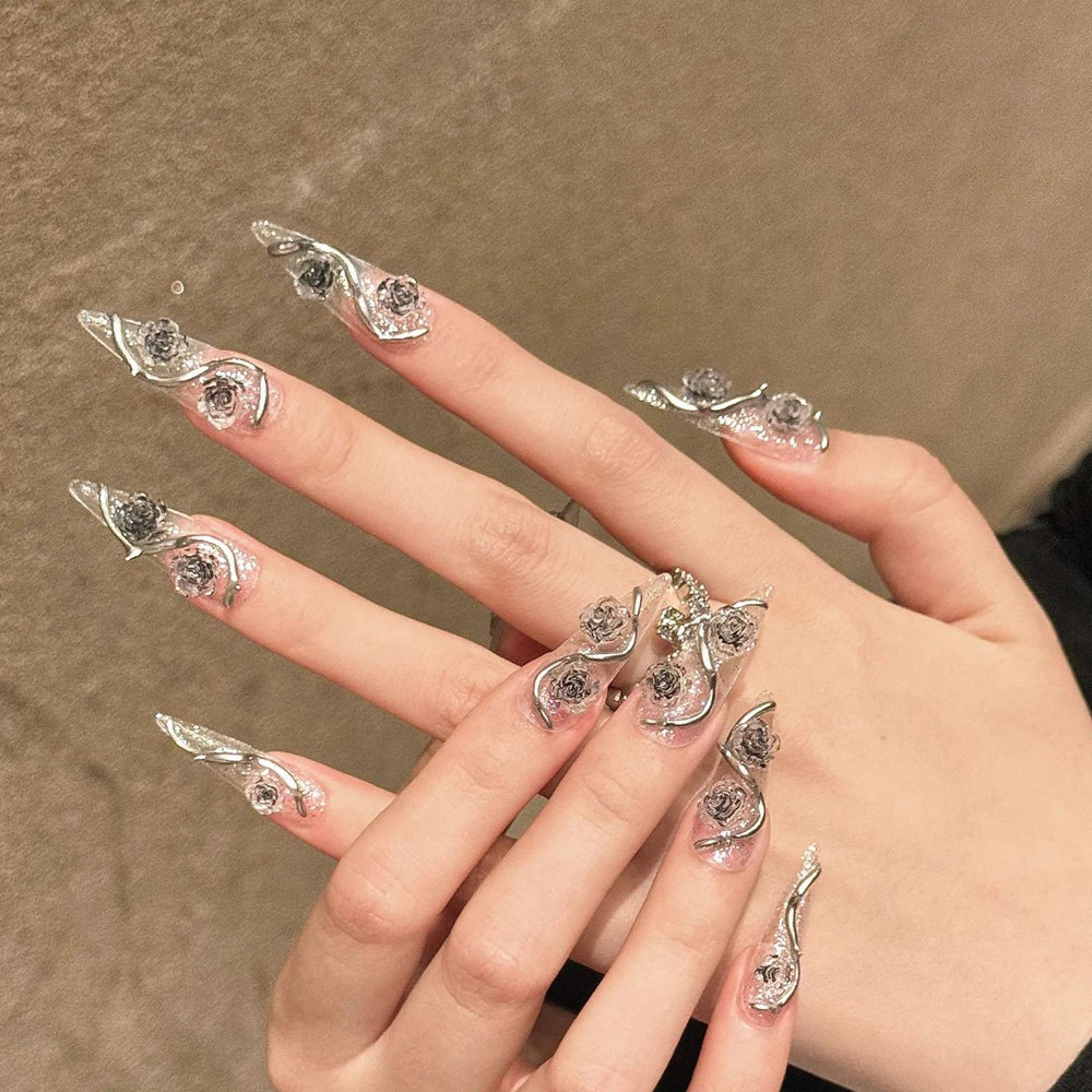 5set False Nails with glue rose design Long Coffin french fake nails full cover nail tips press on nails Bulk Wholesale/Custom