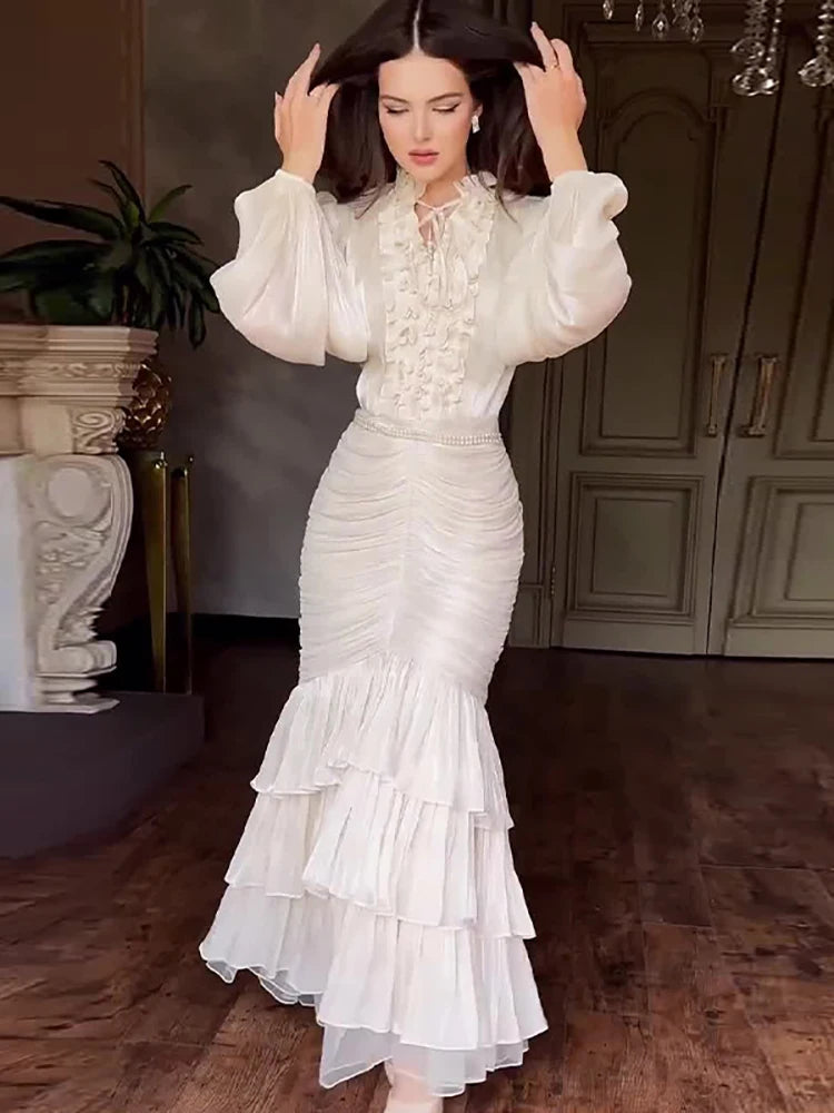 Elegant Women Dresses Ruffle Pleated Long Sleeve Lace Up Dress for Woman New Fashion Bodycon Slim Vestidos Female Party Clu