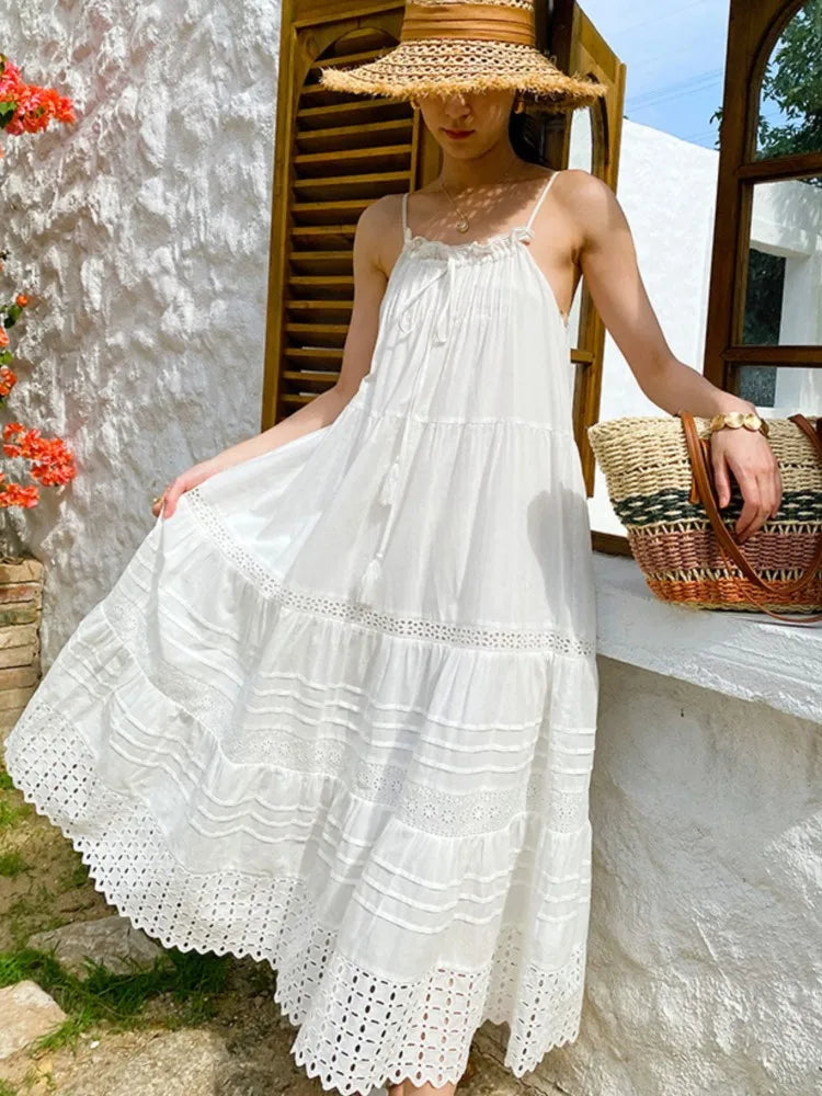 Bohemian White Dress Women Summer Sleeveless Seaside Vacation Beach Suspender Dresses A-Line Hollow Embroidery Hem Long Dress