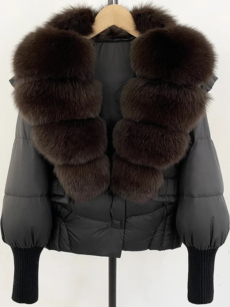 ZMEENNA Women's Black Puffer Down Jacket With Large Real Fur Collar Short Warm Winter Coat Knit Cuffs Elegant Outerwear