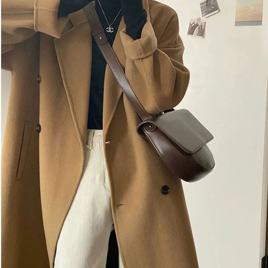 Plus Size Elegant Woolen Coat Women's Autumn Winter Knee-Length Overcoat Korean Style Hepburn Medium Length Outerwear for Women