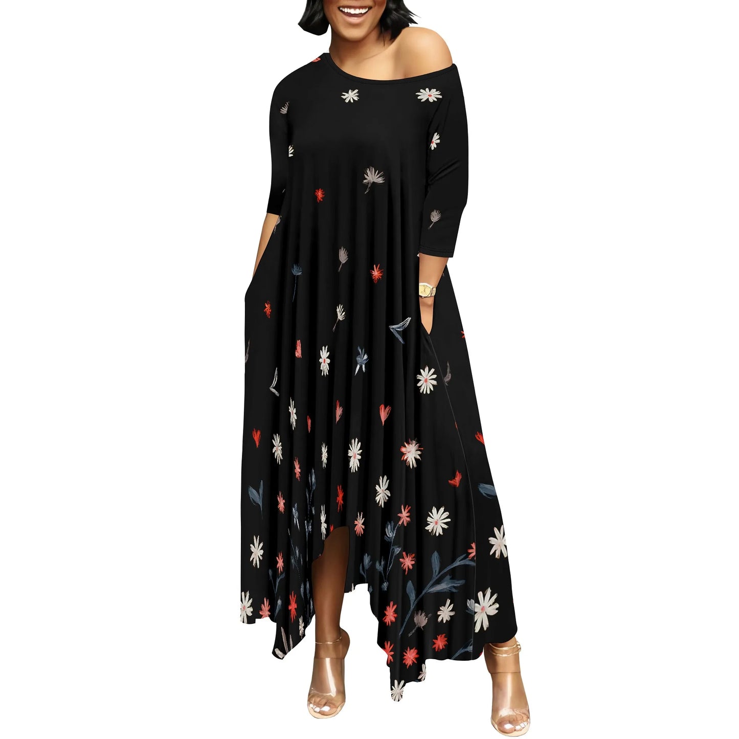 Women One Shoulder Sleeve Printed Dress High Waist Split Party Cocktail Long Dress