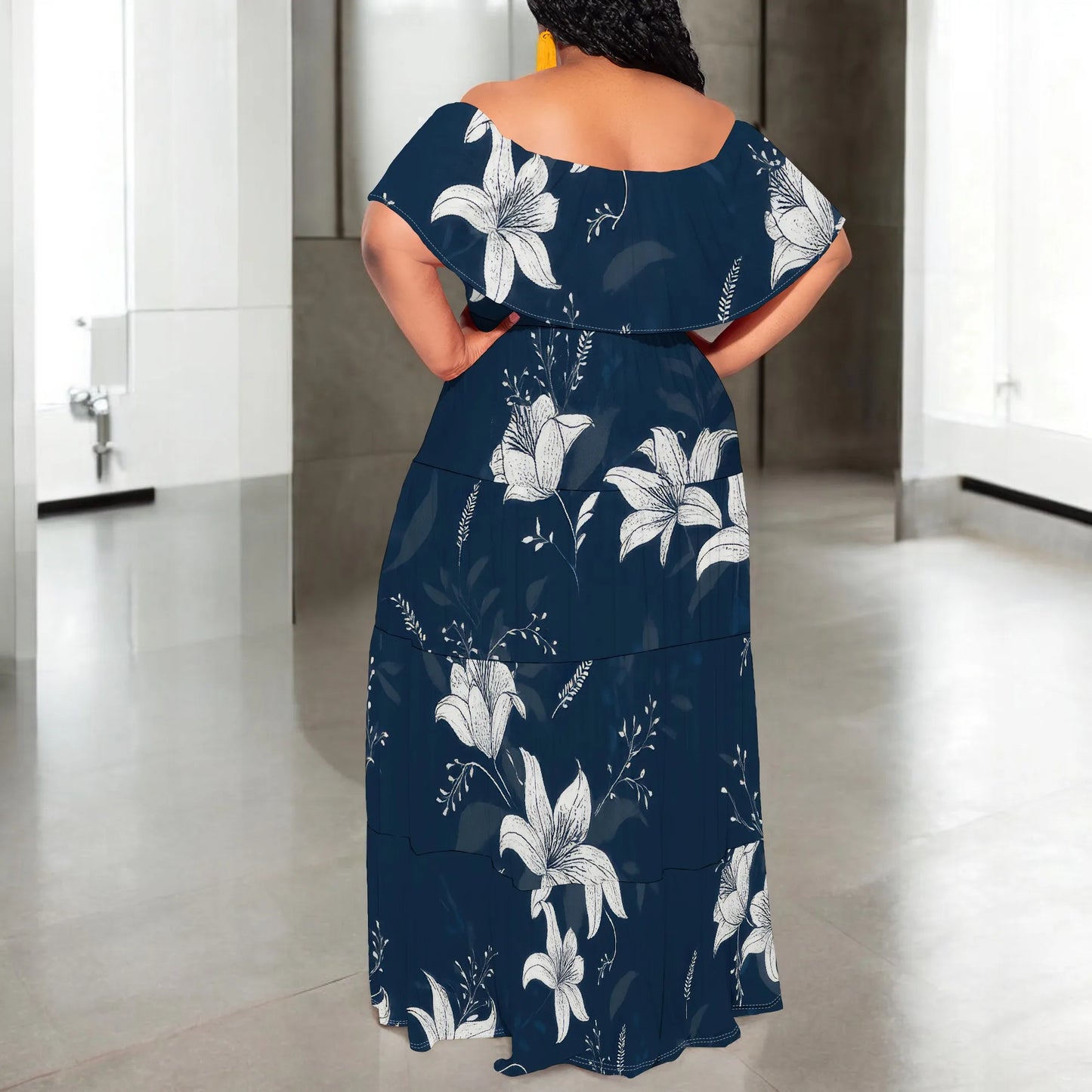 Womens Off The Shoulder Dress Summer Casual Long Ruffle Party Side Split Beach Maxi Dresses with Pockets