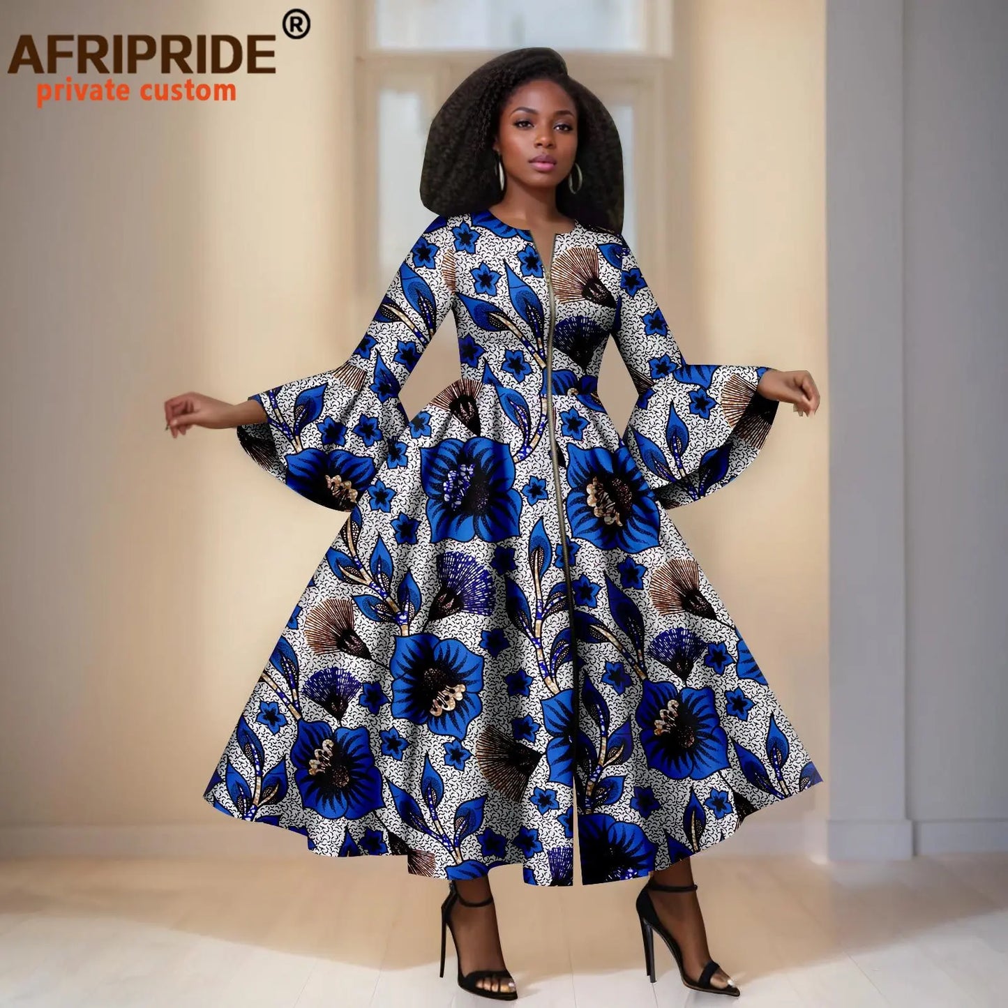 African Print Dresses for Women Flare Sleeve Elegant Zip Maxi Dress Party Attire for Lady Dashiki Long Dress